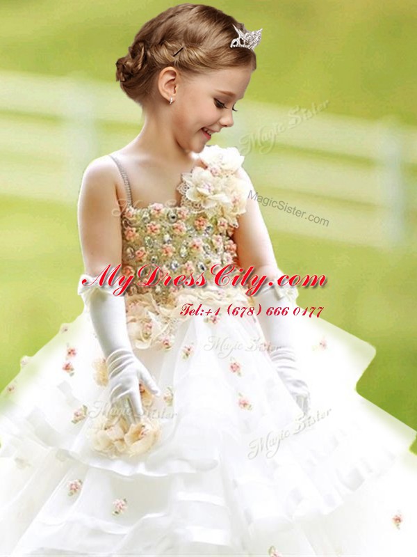 Extravagant Ruffled White Sleeveless Organza Brush Train Zipper Toddler Flower Girl Dress for Party and Quinceanera and Wedding Party