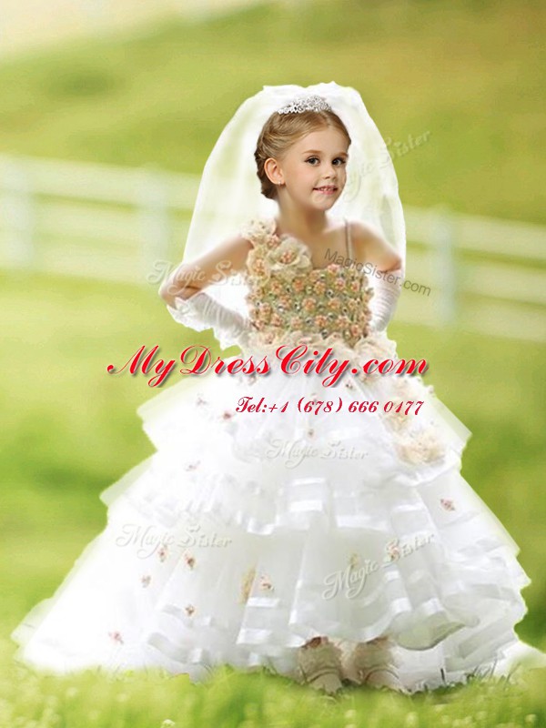 Extravagant Ruffled White Sleeveless Organza Brush Train Zipper Toddler Flower Girl Dress for Party and Quinceanera and Wedding Party