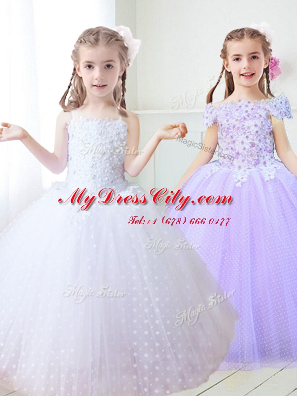 Glittering White Sleeveless Beading and Appliques Floor Length Flower Girl Dresses for Less