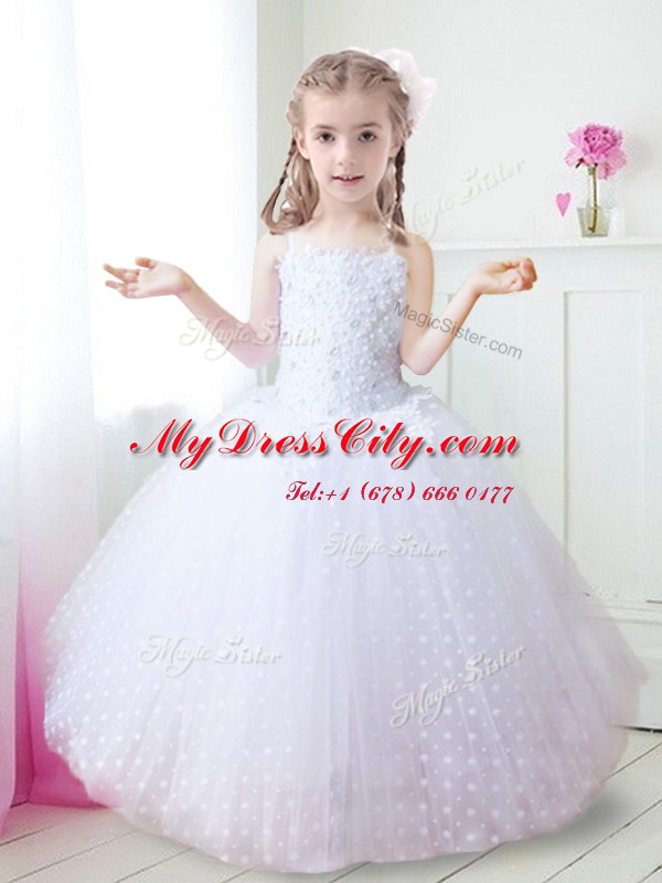 Glittering White Sleeveless Beading and Appliques Floor Length Flower Girl Dresses for Less