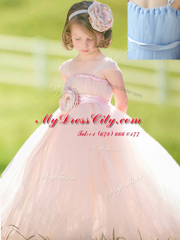 Straps Sleeveless Tulle Toddler Flower Girl Dress Bowknot and Hand Made Flower Zipper