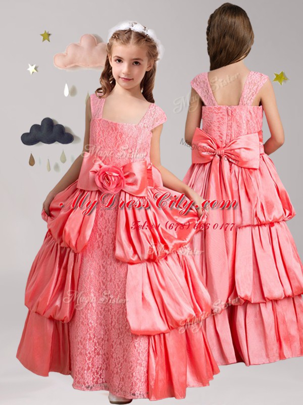 High Class Straps Floor Length Watermelon Red Flower Girl Dresses Taffeta and Lace Cap Sleeves Pick Ups and Bowknot and Hand Made Flower