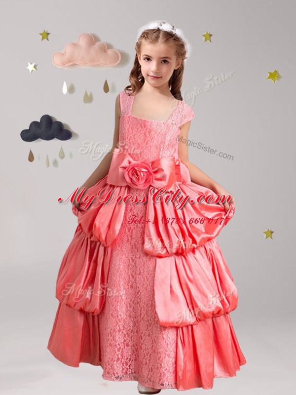 High Class Straps Floor Length Watermelon Red Flower Girl Dresses Taffeta and Lace Cap Sleeves Pick Ups and Bowknot and Hand Made Flower