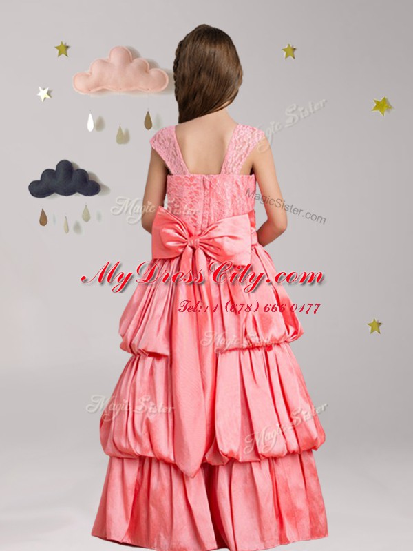 High Class Straps Floor Length Watermelon Red Flower Girl Dresses Taffeta and Lace Cap Sleeves Pick Ups and Bowknot and Hand Made Flower