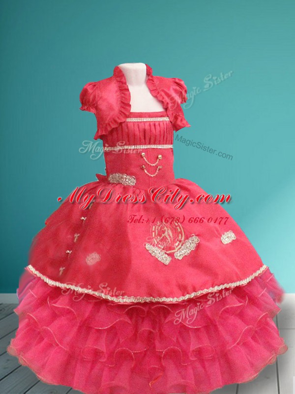 Floor Length Coral Red Flower Girl Dresses Organza and Taffeta Sleeveless Appliques and Ruffled Layers