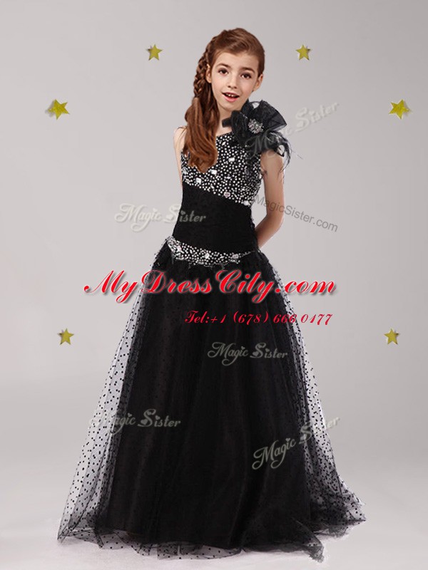 Edgy Black Flower Girl Dresses Party and Quinceanera and Wedding Party and For with Beading and Bowknot One Shoulder Sleeveless Zipper