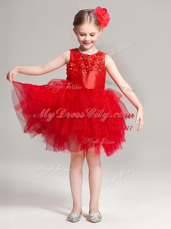 Scoop Red Sleeveless Appliques and Ruffles Mini Length Flower Girl Dress