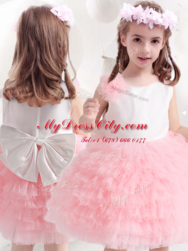 Nice Ruffled Ball Gowns Flower Girl Dress Pink And White Scoop Tulle Sleeveless Knee Length Side Zipper