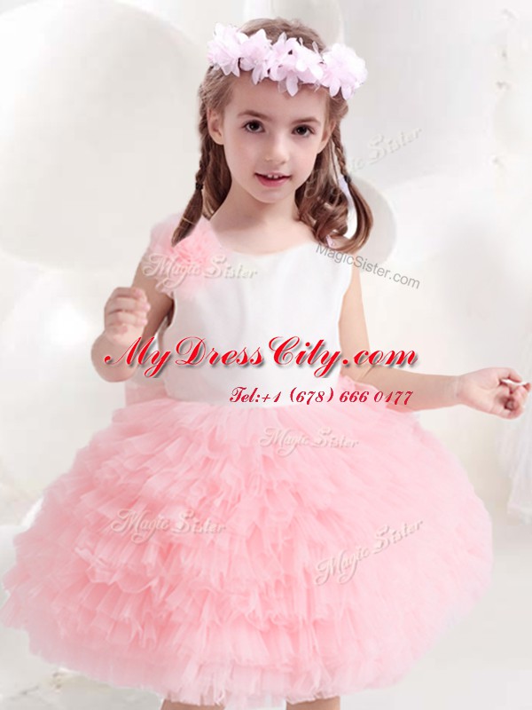 Nice Ruffled Ball Gowns Flower Girl Dress Pink And White Scoop Tulle Sleeveless Knee Length Side Zipper