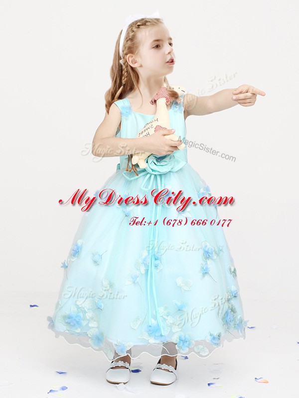 Straps Light Blue Zipper Toddler Flower Girl Dress Appliques and Bowknot and Hand Made Flower Sleeveless Ankle Length