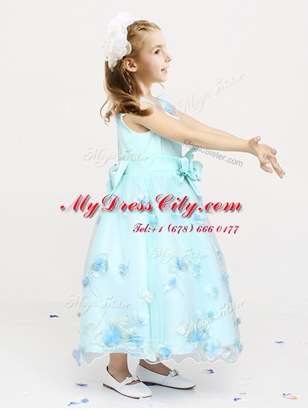 Straps Light Blue Zipper Toddler Flower Girl Dress Appliques and Bowknot and Hand Made Flower Sleeveless Ankle Length