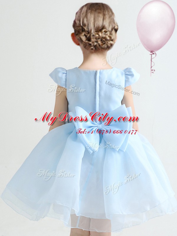 Scoop White Cap Sleeves Appliques and Bowknot and Hand Made Flower Mini Length Flower Girl Dresses