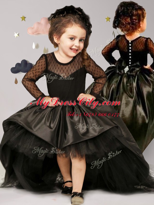 Stylish Scoop Long Sleeves With Train Bowknot Clasp Handle Toddler Flower Girl Dress with Black Brush Train