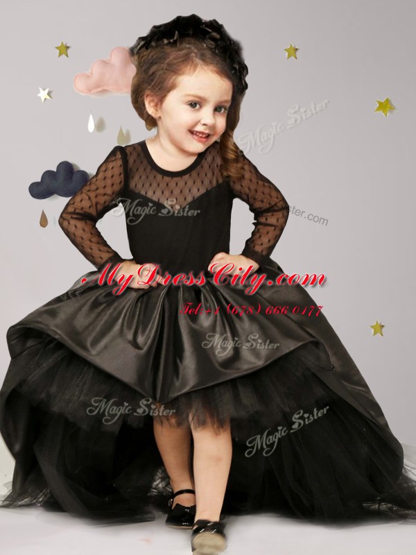 Stylish Scoop Long Sleeves With Train Bowknot Clasp Handle Toddler Flower Girl Dress with Black Brush Train