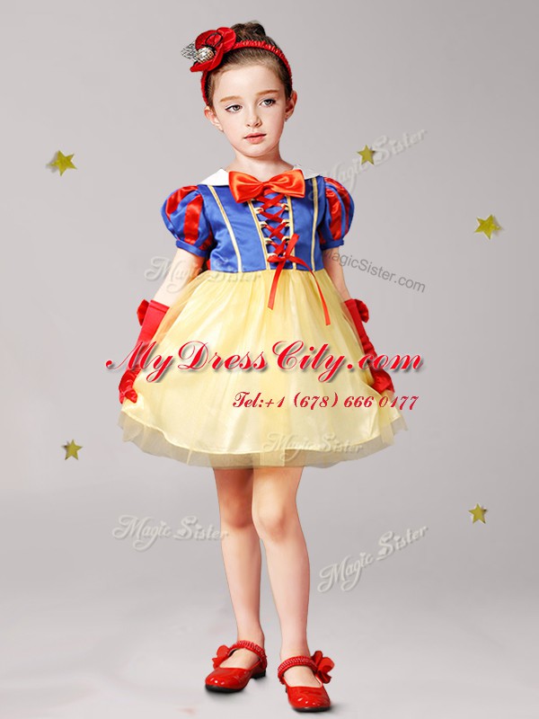 Blue and Yellow High-neck Neckline Bowknot Toddler Flower Girl Dress Short Sleeves Zipper