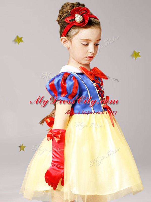 Blue and Yellow High-neck Neckline Bowknot Toddler Flower Girl Dress Short Sleeves Zipper