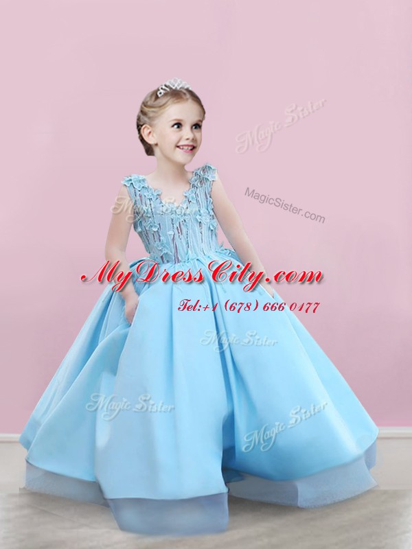 Sleeveless Satin Floor Length Zipper Toddler Flower Girl Dress in Baby Blue with Appliques