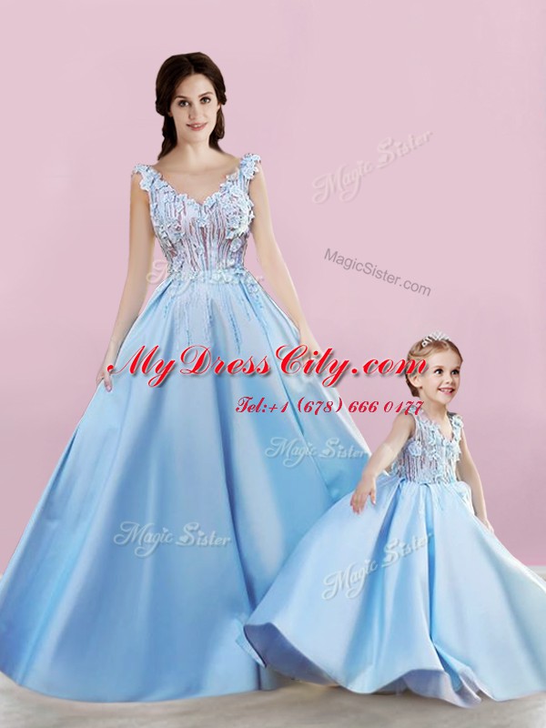 Sleeveless Satin Floor Length Zipper Toddler Flower Girl Dress in Baby Blue with Appliques