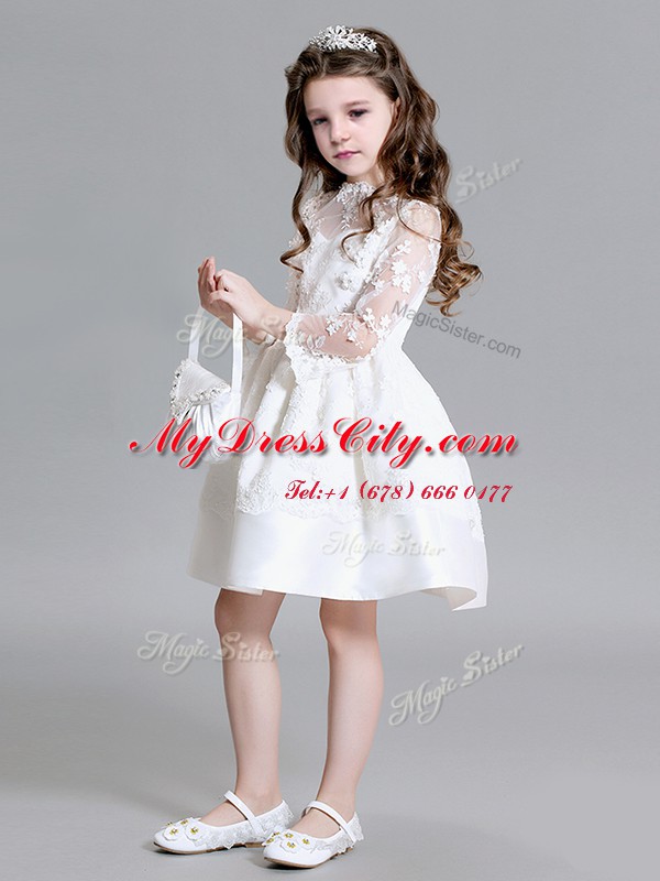 Hot Sale White Zipper Flower Girl Dresses Lace Long Sleeves Mini Length