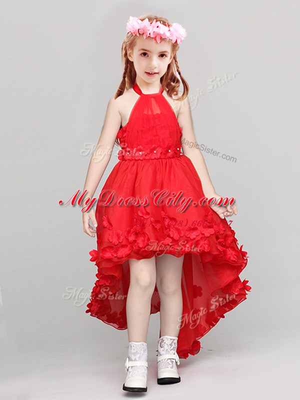 High Low Red Flower Girl Dresses Halter Top Sleeveless Zipper