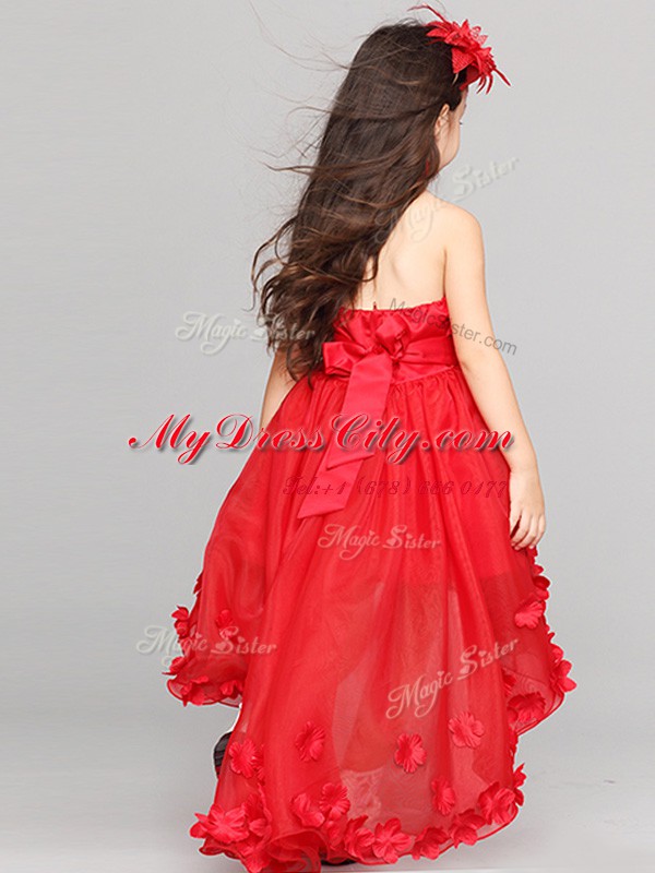 High Low Red Flower Girl Dresses Halter Top Sleeveless Zipper