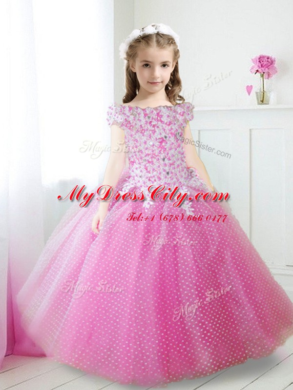 Sumptuous Hot Pink Flower Girl Dresses for Less Party and Quinceanera and Wedding Party and For with Beading and Appliques Off The Shoulder Cap Sleeves Zipper