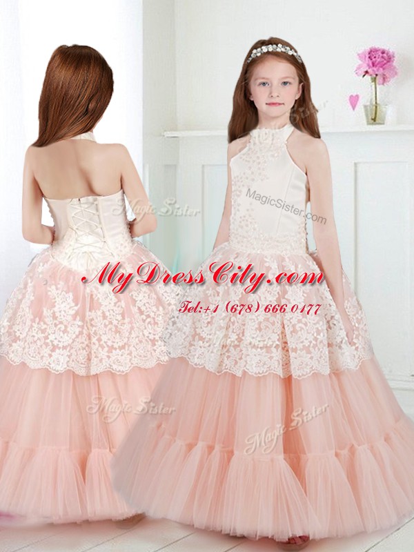 Exceptional Halter Top Beading and Lace Toddler Flower Girl Dress White and Peach Zipper Sleeveless Floor Length