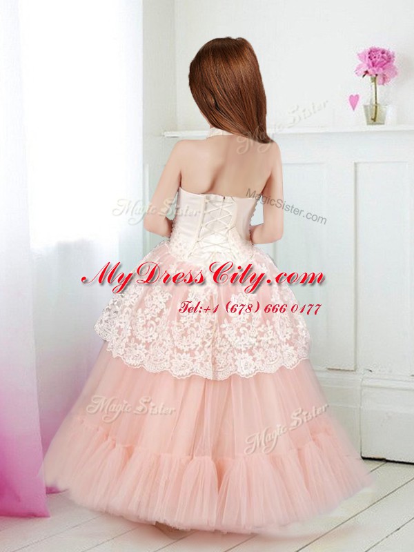 Exceptional Halter Top Beading and Lace Toddler Flower Girl Dress White and Peach Zipper Sleeveless Floor Length