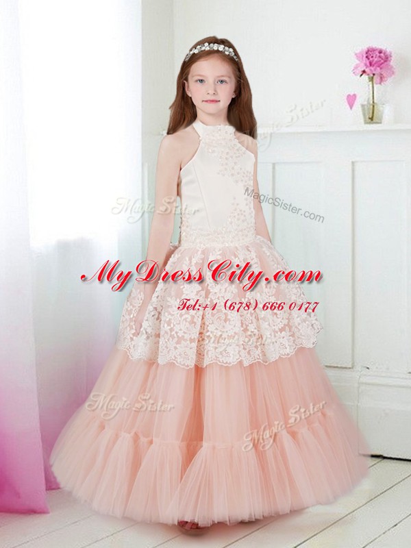 Exceptional Halter Top Beading and Lace Toddler Flower Girl Dress White and Peach Zipper Sleeveless Floor Length