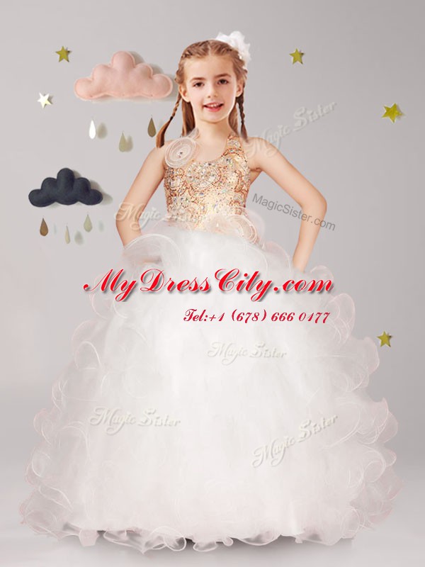 Cute Halter Top Floor Length White Flower Girl Dresses for Less Organza Sleeveless Beading and Ruffles and Hand Made Flower