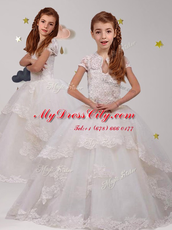 Adorable Backless Scoop Short Sleeves Toddler Flower Girl Dress With Brush Train Lace White Tulle