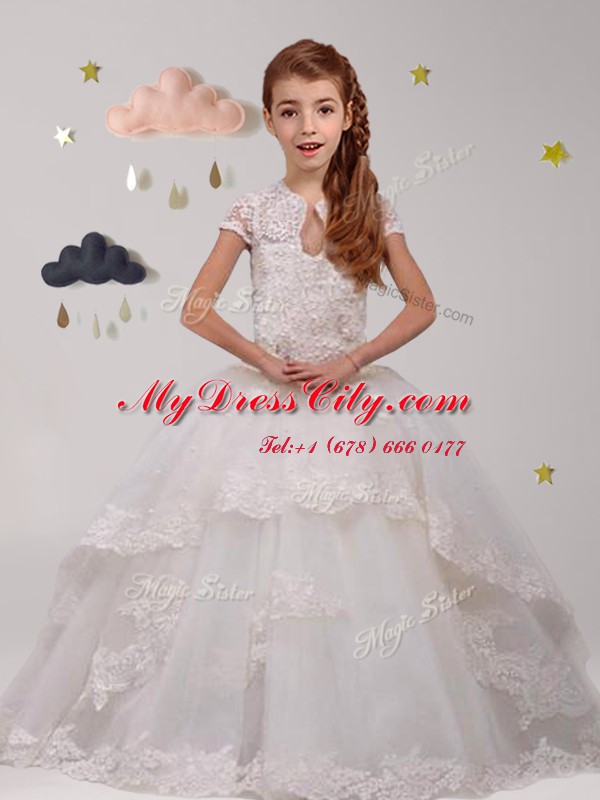 Adorable Backless Scoop Short Sleeves Toddler Flower Girl Dress With Brush Train Lace White Tulle