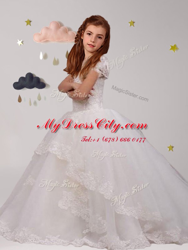 Adorable Backless Scoop Short Sleeves Toddler Flower Girl Dress With Brush Train Lace White Tulle