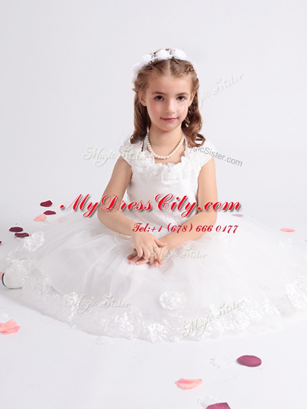 White Scoop Zipper Lace and Appliques and Hand Made Flower Flower Girl Dress Cap Sleeves