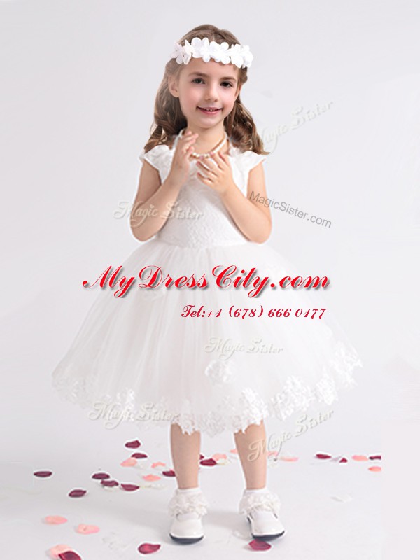 White Scoop Zipper Lace and Appliques and Hand Made Flower Flower Girl Dress Cap Sleeves