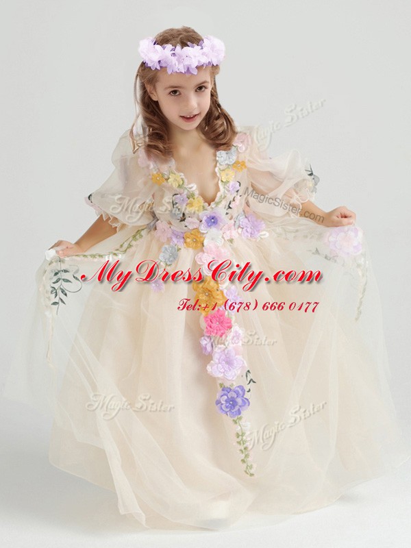 V-neck Half Sleeves Flower Girl Dress Ankle Length Appliques and Hand Made Flower Champagne Tulle