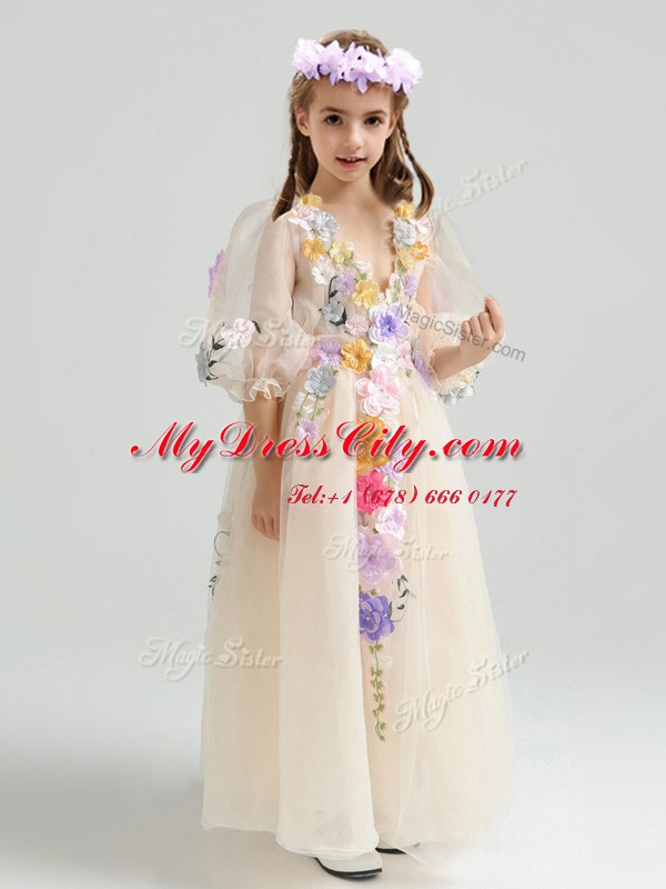 V-neck Half Sleeves Flower Girl Dress Ankle Length Appliques and Hand Made Flower Champagne Tulle