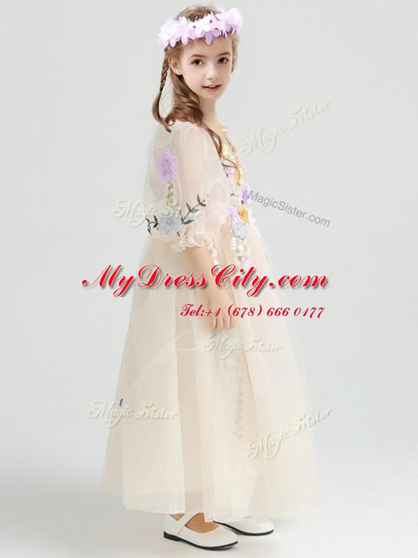 V-neck Half Sleeves Flower Girl Dress Ankle Length Appliques and Hand Made Flower Champagne Tulle