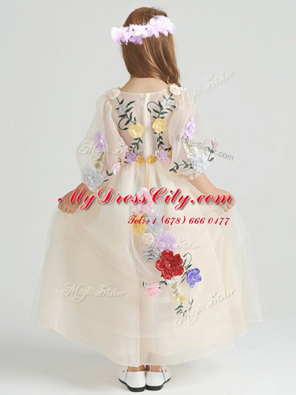 V-neck Half Sleeves Flower Girl Dress Ankle Length Appliques and Hand Made Flower Champagne Tulle