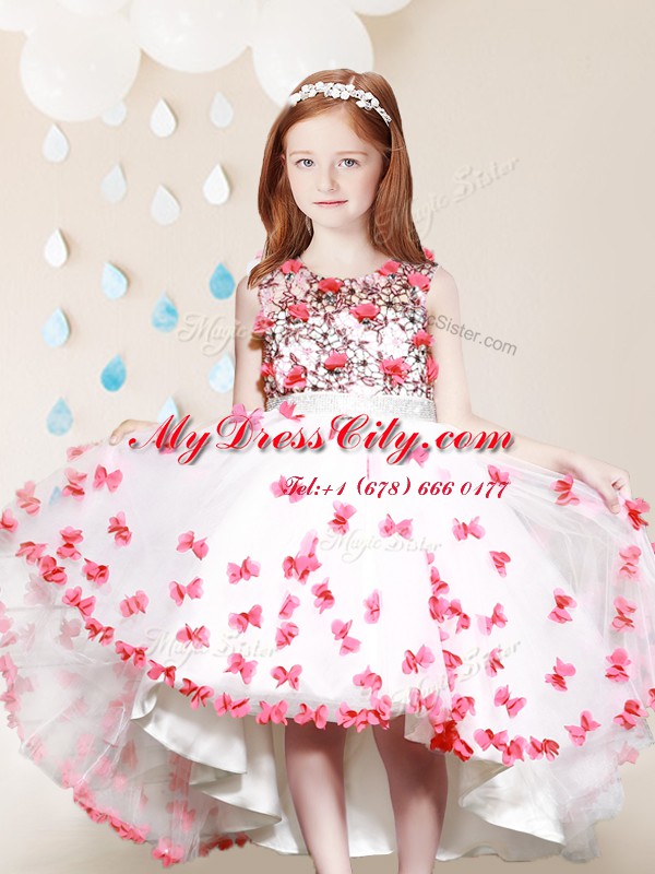 Dramatic Scoop Tulle Sleeveless High Low Toddler Flower Girl Dress and Lace and Appliques