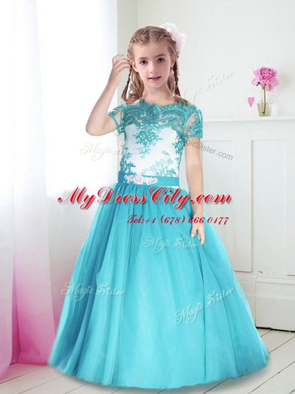 Custom Fit Turquoise Scoop Neckline Lace and Belt Toddler Flower Girl Dress Short Sleeves Zipper