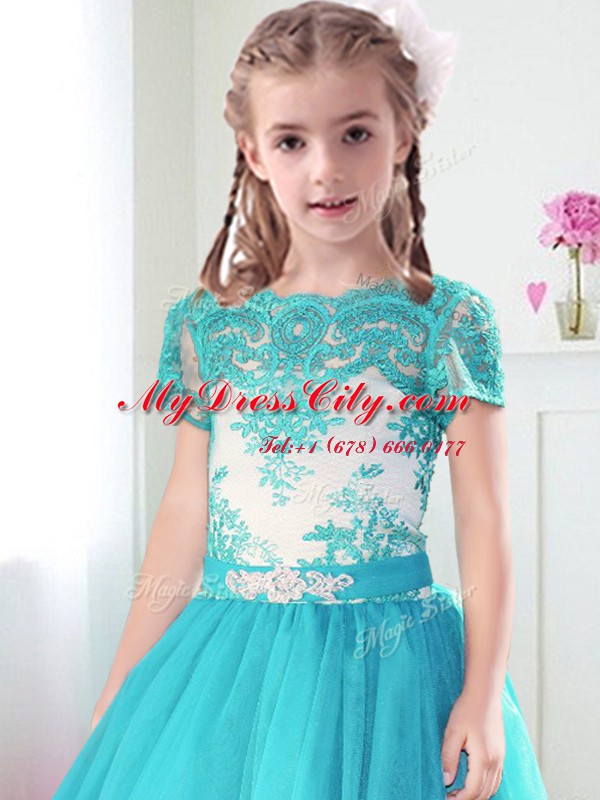 Custom Fit Turquoise Scoop Neckline Lace and Belt Toddler Flower Girl Dress Short Sleeves Zipper