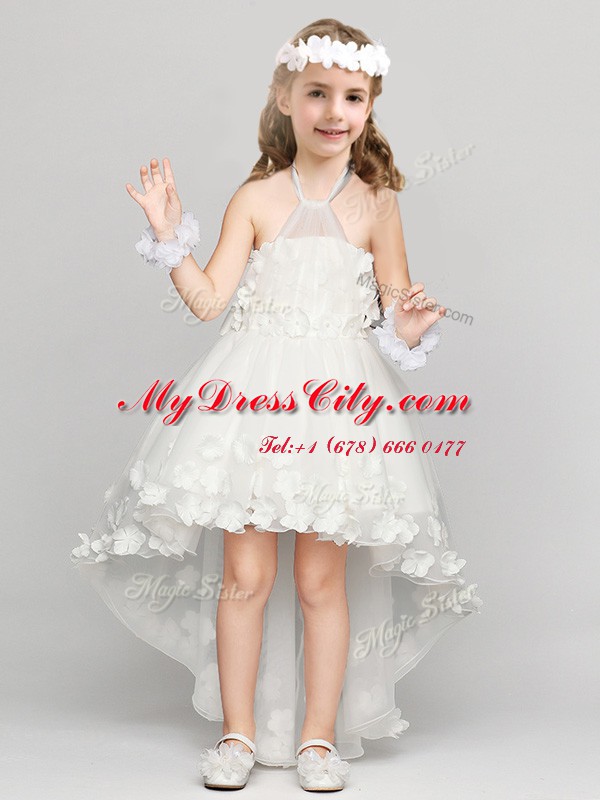 Halter Top High Low Zipper Toddler Flower Girl Dress White for Party and Quinceanera and Wedding Party with Appliques and Bowknot