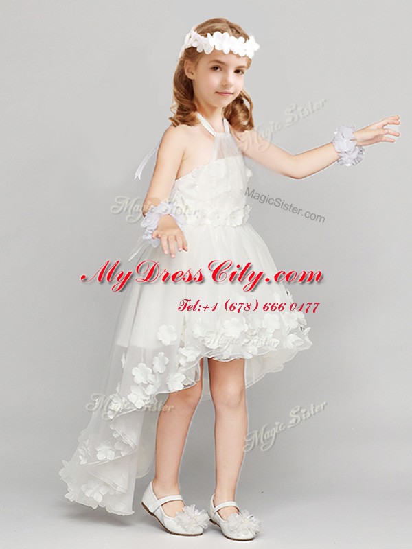 Halter Top High Low Zipper Toddler Flower Girl Dress White for Party and Quinceanera and Wedding Party with Appliques and Bowknot