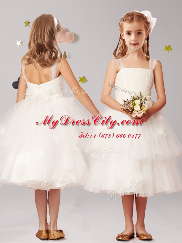 Straps Tulle Sleeveless Tea Length Flower Girl Dress and Appliques and Ruffled Layers and Bowknot