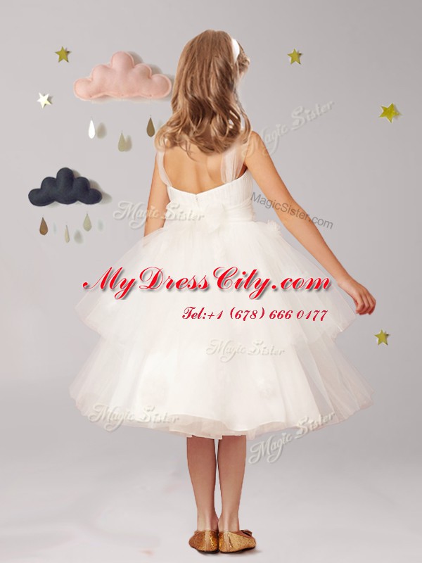 Straps Tulle Sleeveless Tea Length Flower Girl Dress and Appliques and Ruffled Layers and Bowknot