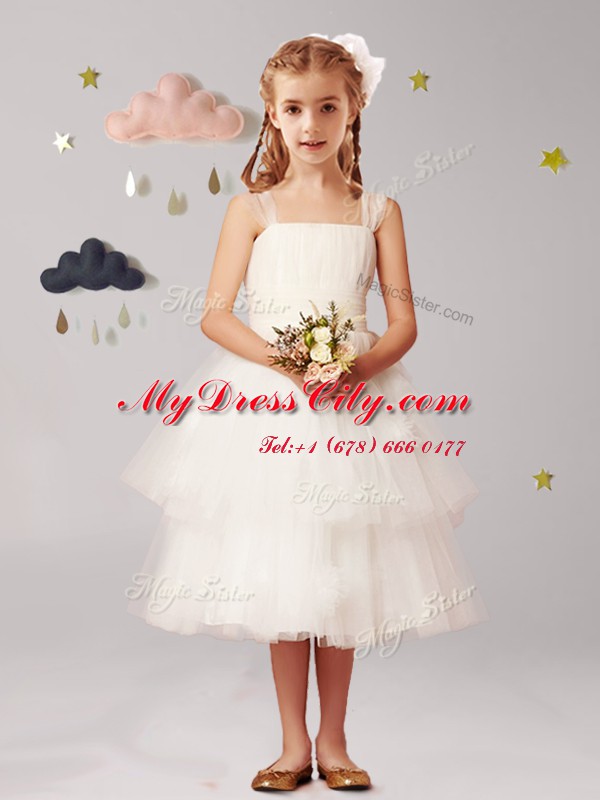 Straps Tulle Sleeveless Tea Length Flower Girl Dress and Appliques and Ruffled Layers and Bowknot