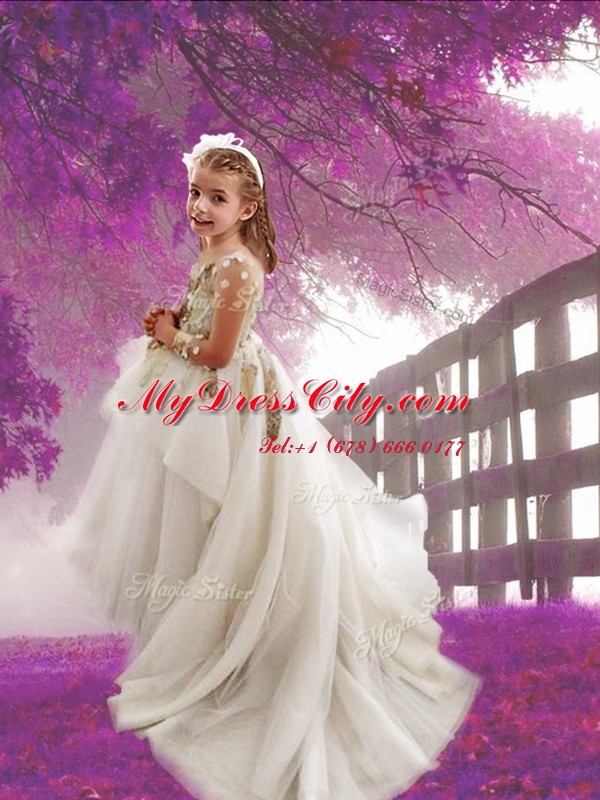 Scoop White A-line Appliques Flower Girl Dresses for Less Zipper Tulle Long Sleeves With Train