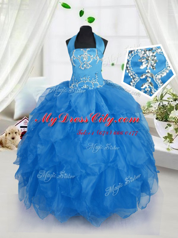 Halter Top Baby Blue Organza Lace Up Pageant Gowns Sleeveless Floor Length Appliques and Ruffles