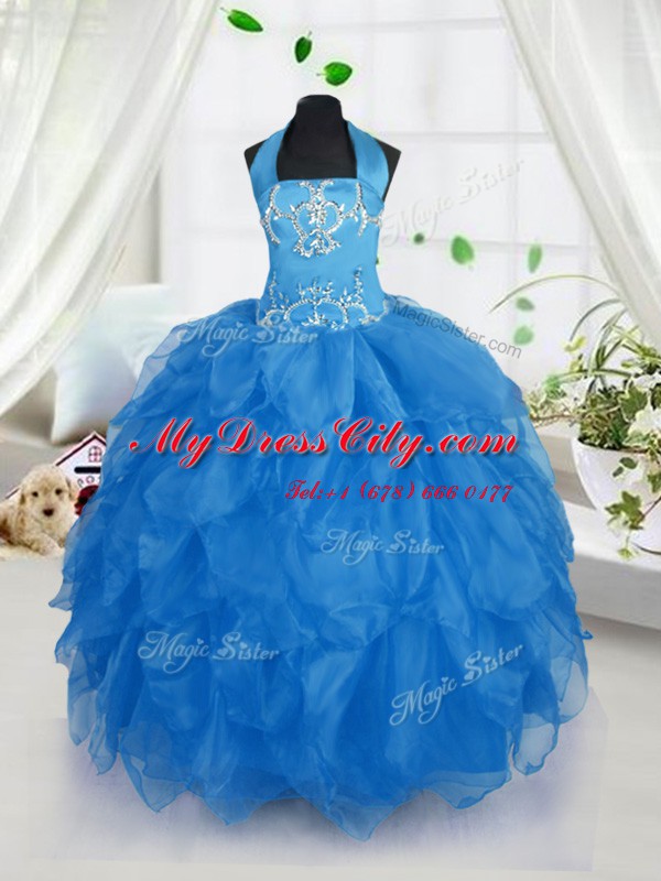 Halter Top Baby Blue Organza Lace Up Pageant Gowns Sleeveless Floor Length Appliques and Ruffles